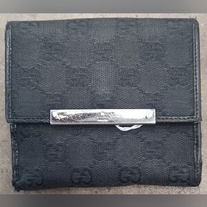 Gucci Black GG Monogram Compact Wallet with Silver-Tone Plaque